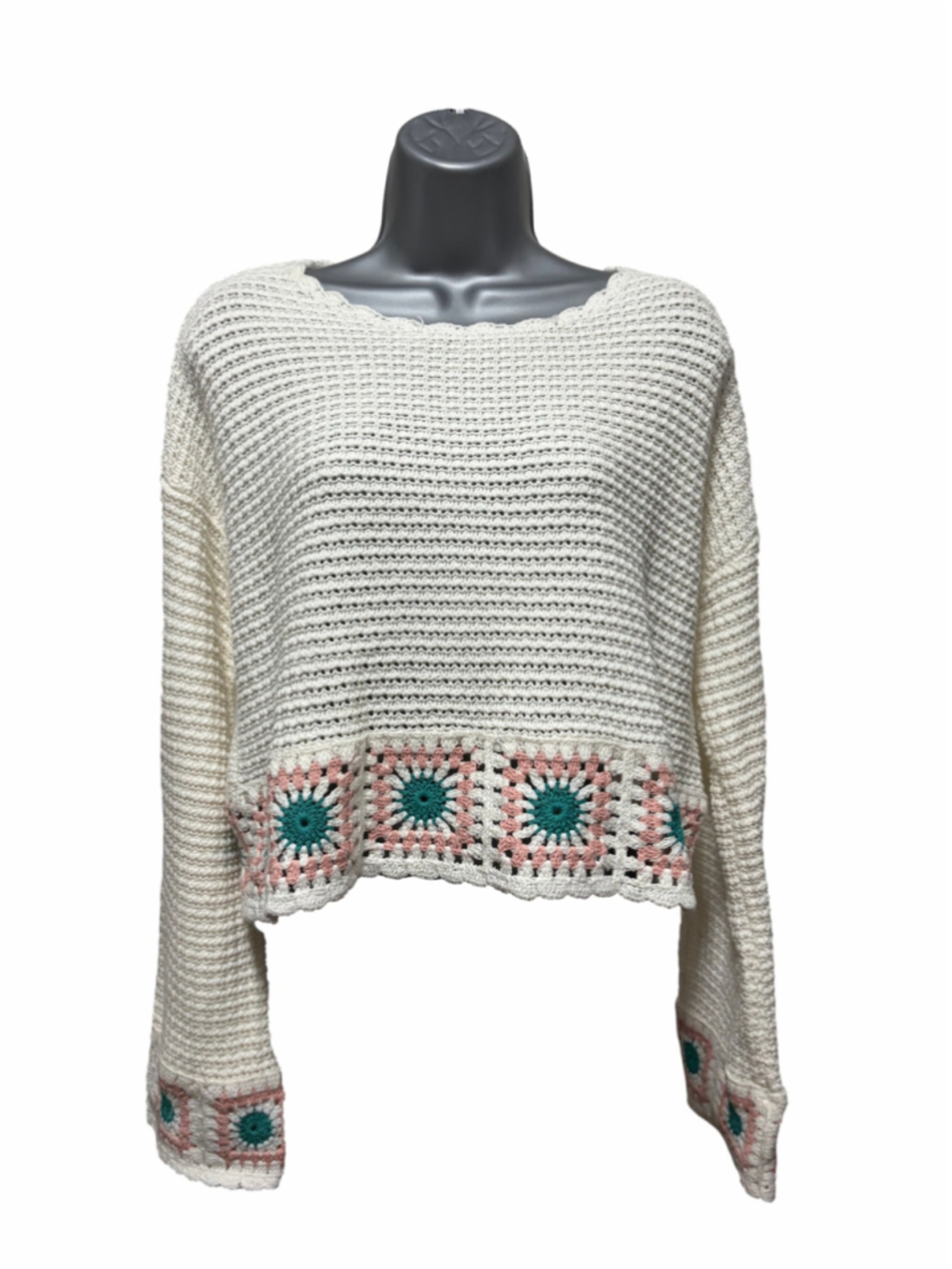 Sincerely Jules Ivory Crochet Granny Square Boho Cropped Sweater Women’s Medium